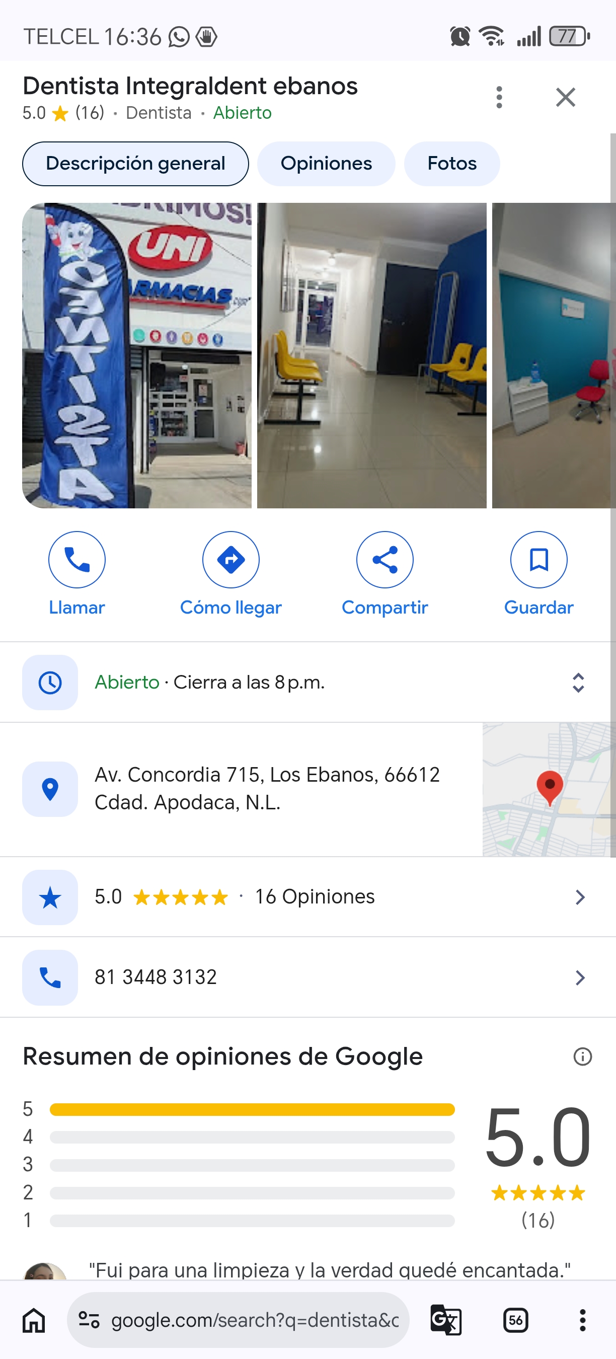 Captura real de Google Maps con pin de negocio local y reseñas