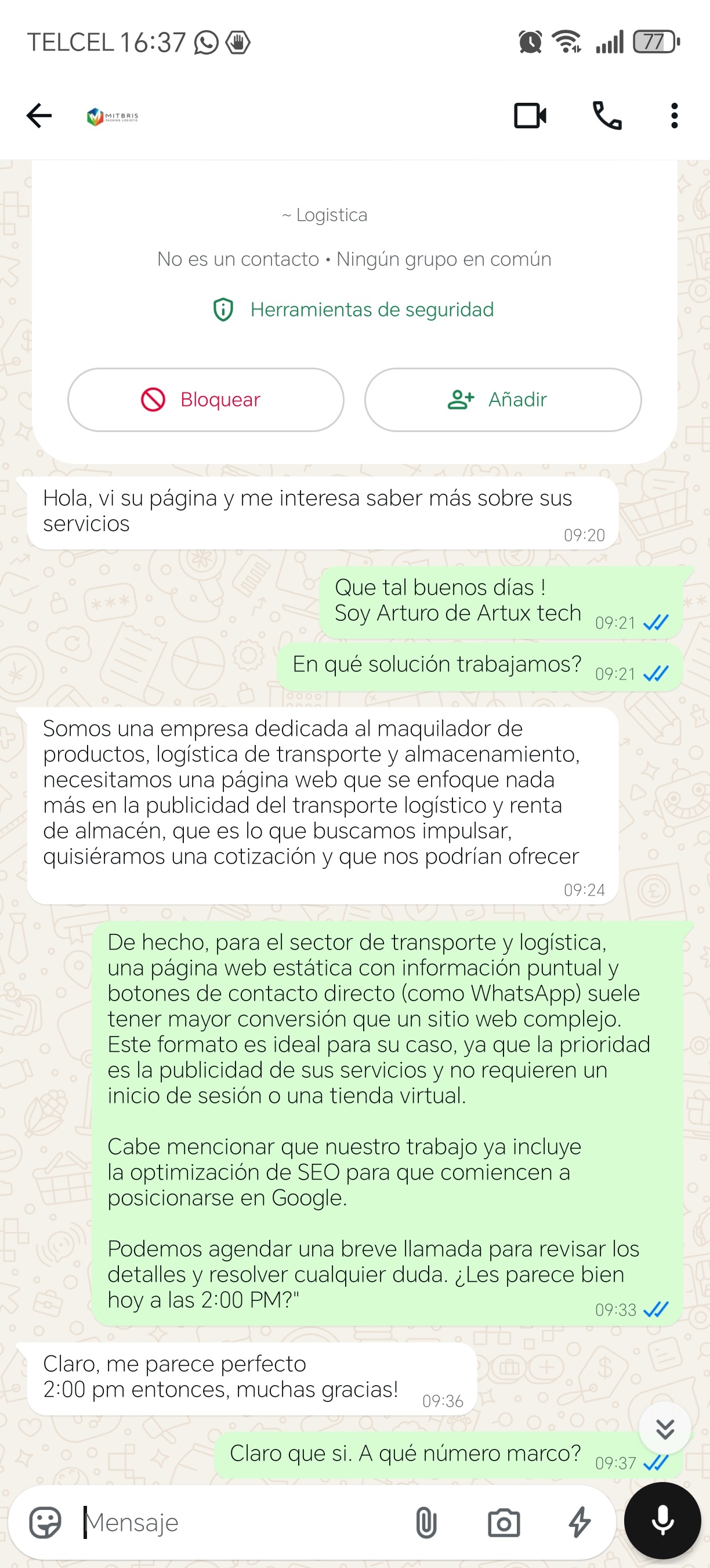 Captura real de WhatsApp Business con mensajes automáticos